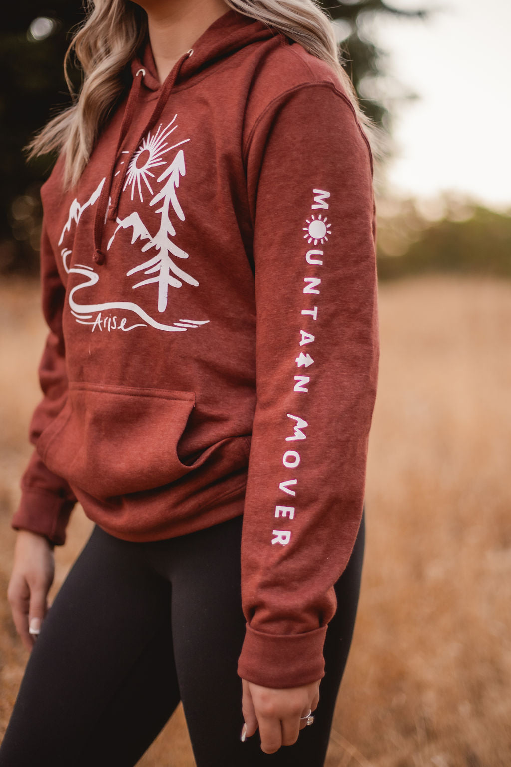 Arise hoodie sleeve with mountain mover white text