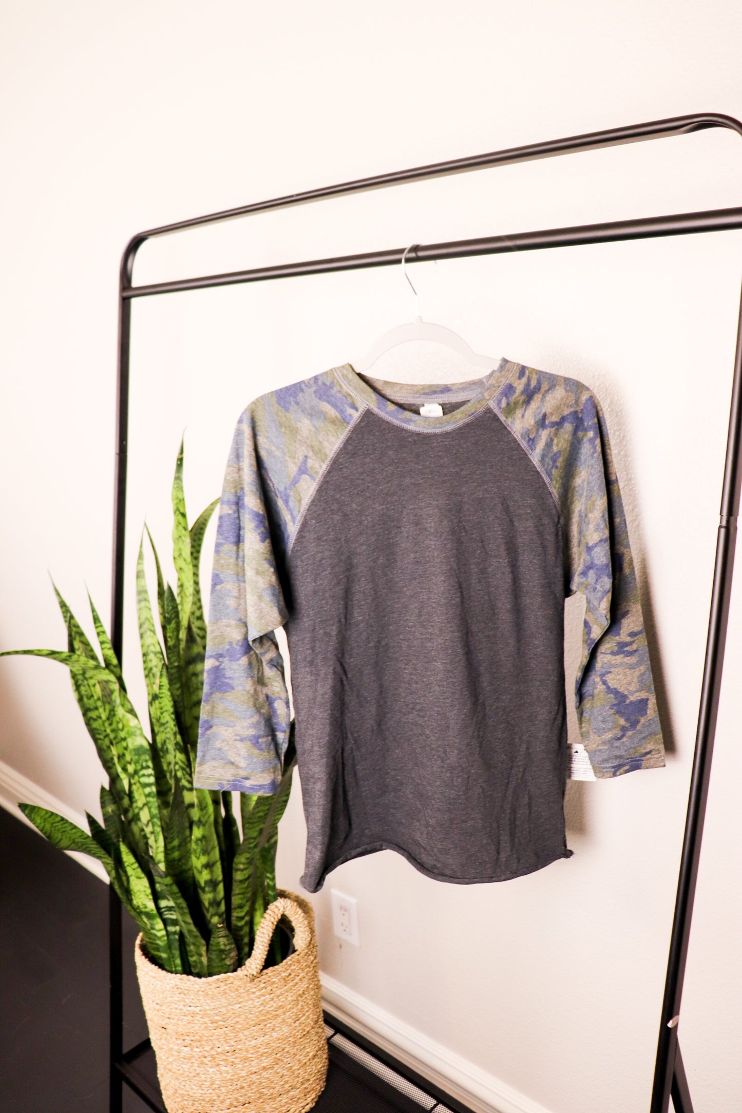 Gray T-shirt with 3/4 camo sleeves