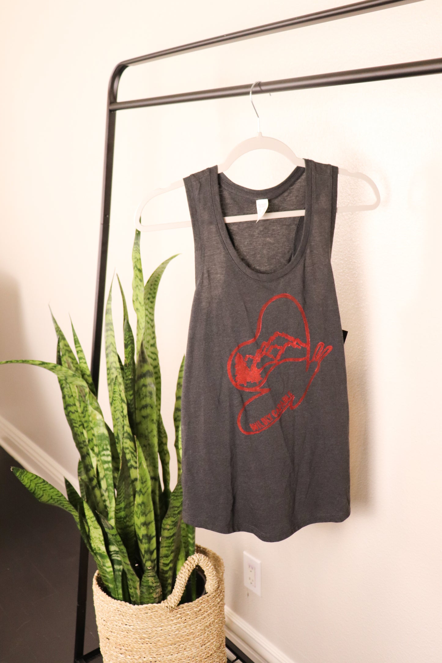 Gray tank top with red wildly capable butterfly stamp