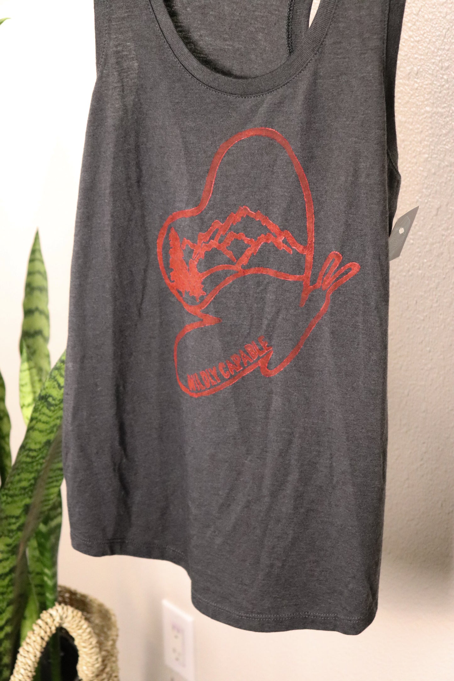 Gray tank top with red wildly capable butterfly stamp