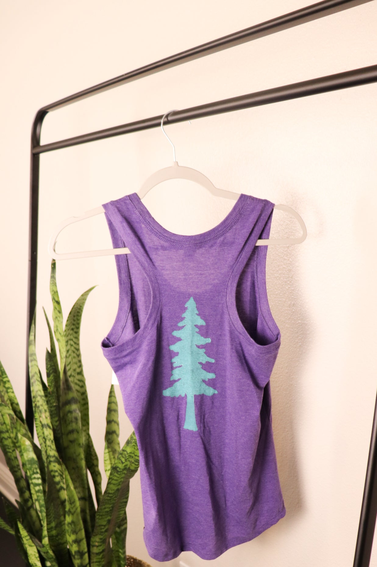 Purple racerback tank top with blue tree stamp