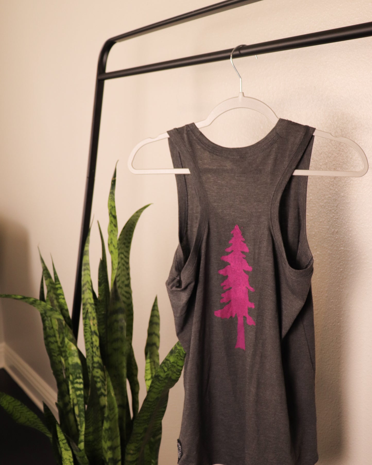 Gray racer back tank top with pink tree stamp