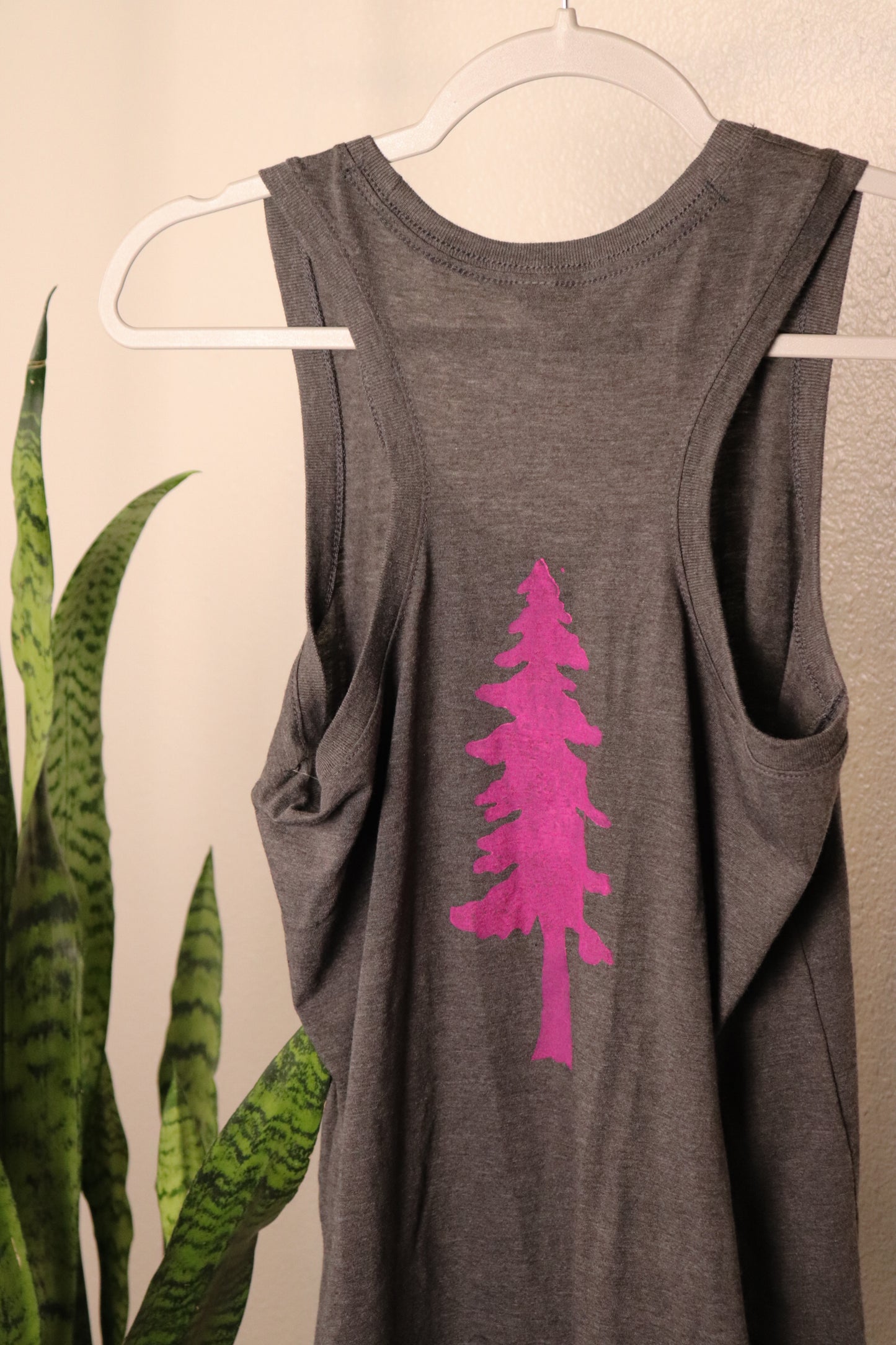 Gray racer back tank top with pink tree stamp