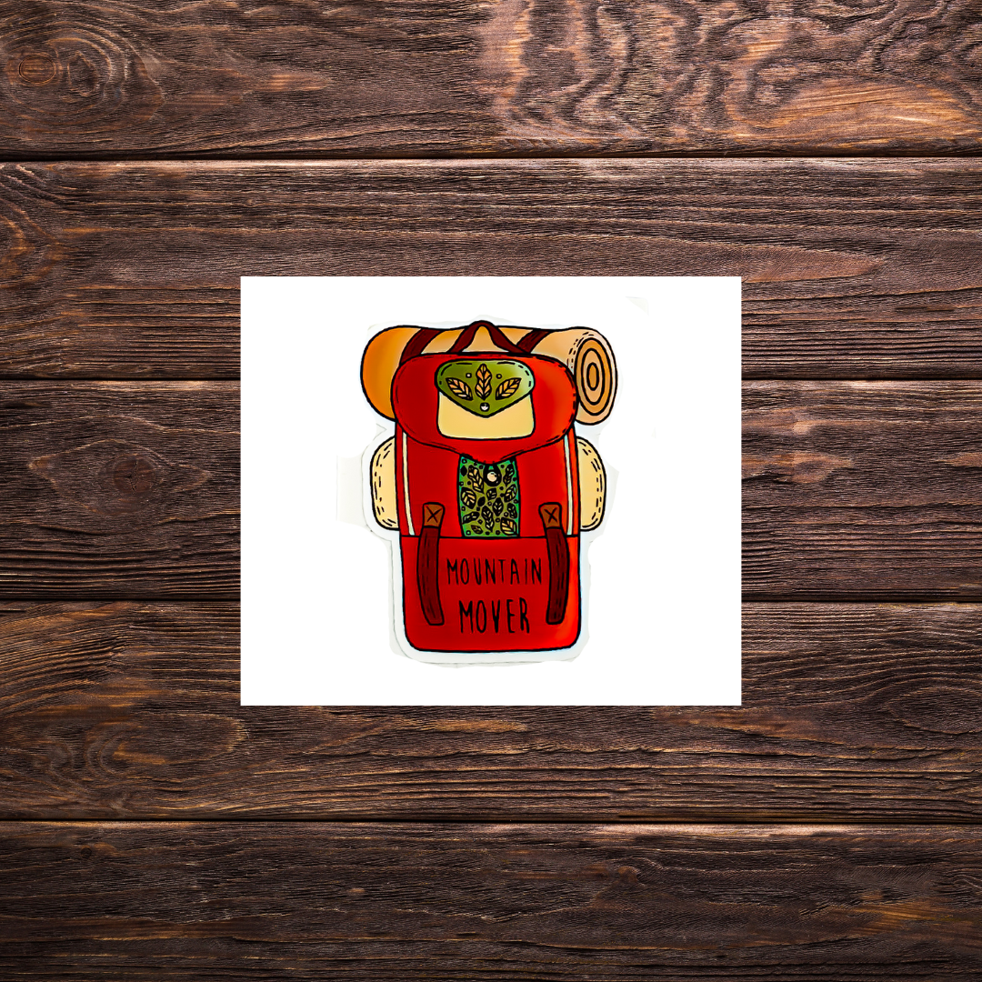 Backpack sticker with mountain mover typed on the backpack