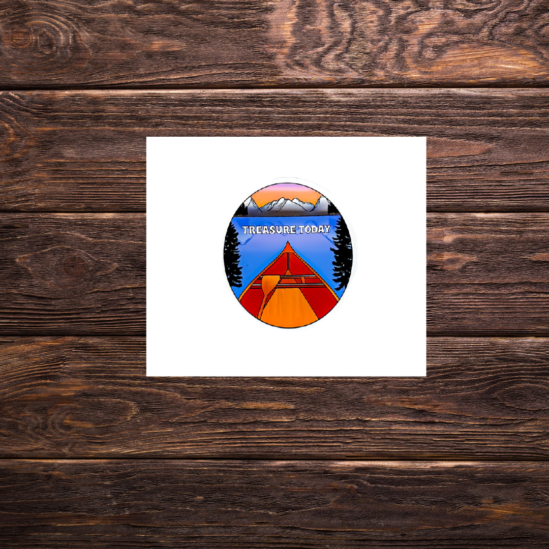 “Treasure Today” sticker with kayak on the water and mountains in the background
